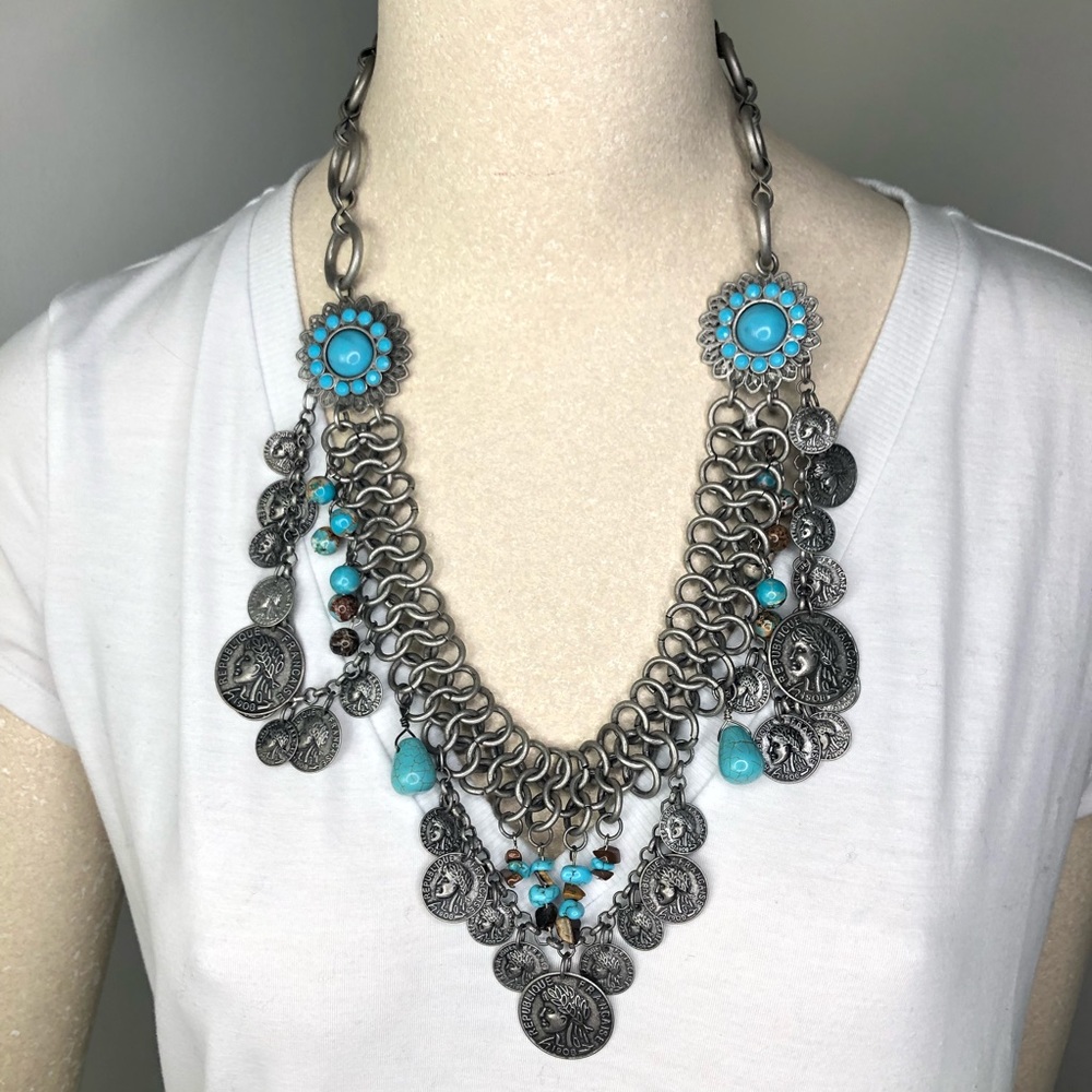 Boho French Coin Necklace Silver Turquoise